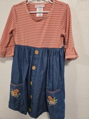 Bonnie Jean Coral Stripe Top with Blue Denim-Look Skirt Dress